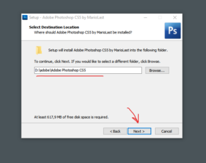 Select the location where you want to install Photoshop